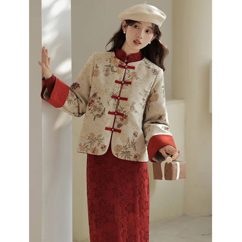 新中式时尚洋气女装国风盘扣织金夹棉外套加厚改良旗袍裙冬季套装