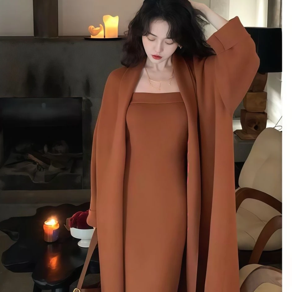 冬季爆款复古包臀开叉抹胸港风针织连衣裙显瘦长款针织开衫套装