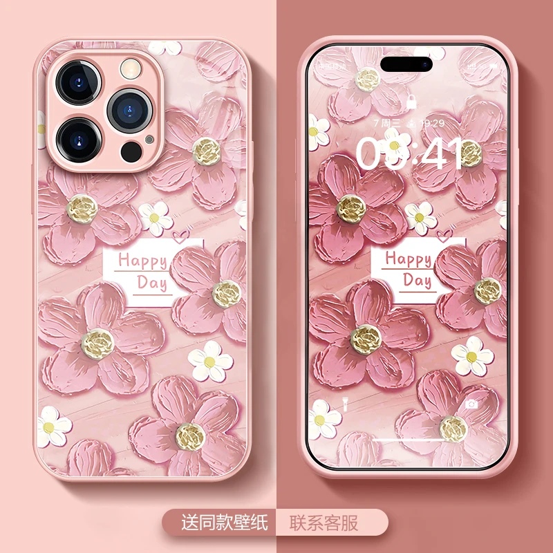 液态玻璃苹果14Pro手机壳iphone13蓝色油画花12mini保护套11Pro