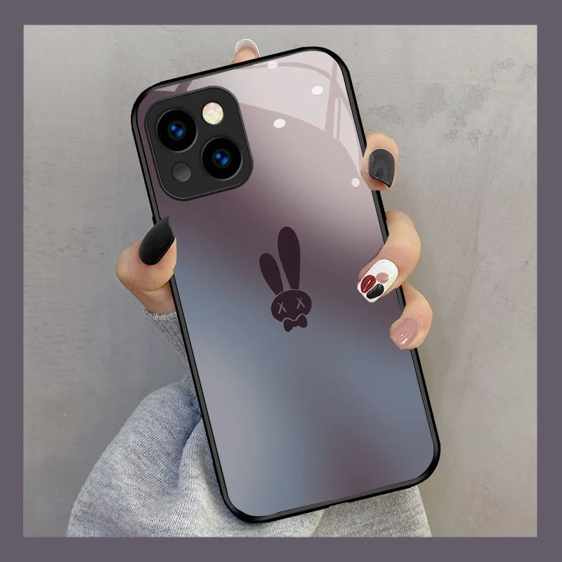暗紫兔苹果14ProMax手机壳新款iPhone13玻璃12mini全包11防摔软套