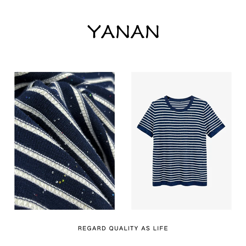 断码清仓【亚楠本楠】星星糖◆春夏星空蓝珠片纱条纹短袖T恤女4531
