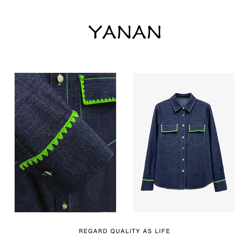断码清仓【亚楠本楠】绿贝壳◆复古牛仔衬衫内搭衬衣女春夏外套3992