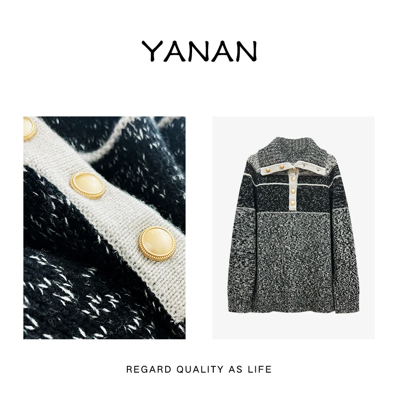 【亚楠本楠】黑灰花纱◆羊绒法式领子多纽扣时尚撞色百搭款毛衣 3782