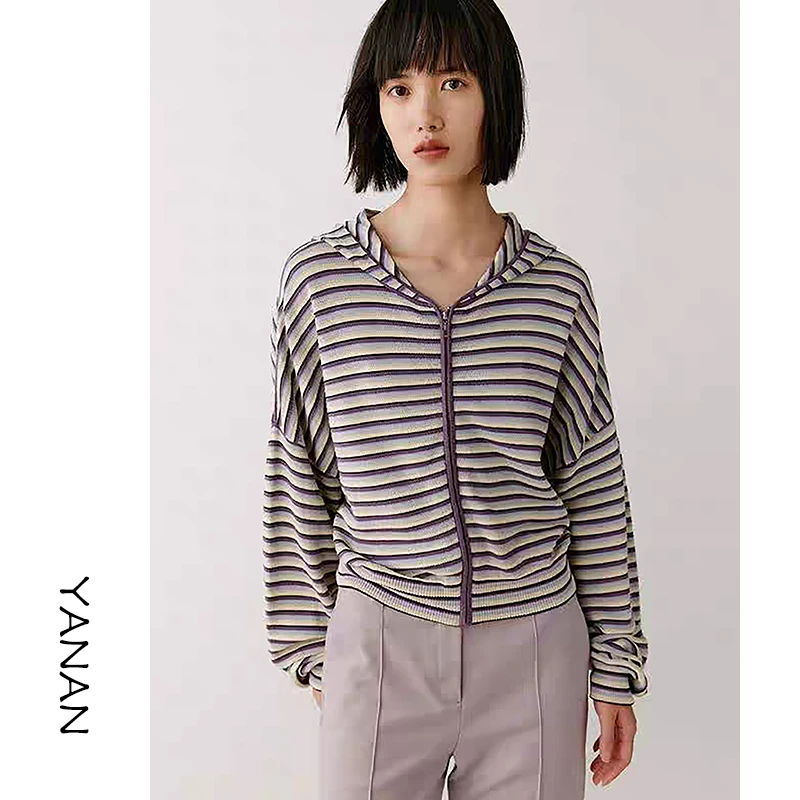 【亚楠本楠】高弹条纹撞色针织连帽秋季衫外套设计师长袖2387