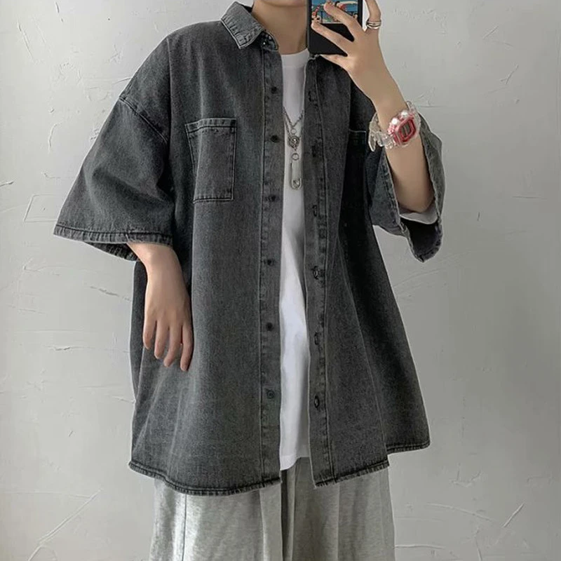 夏季短袖牛仔衬衫男ins潮牌港风日系小众设计感休闲宽松半袖外套