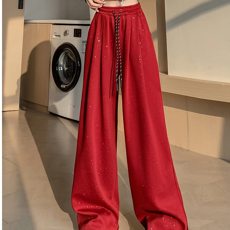 红色满天星阔腿裤女2024秋季新款休闲运动松紧腰红色卫裤红色裤子