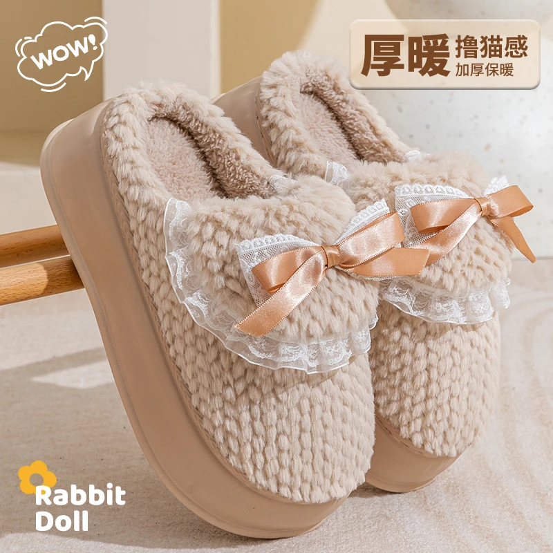 蝴蝶结棉拖鞋女秋冬季2024新款厚底踩屎感居家防滑毛毛绒保暖棉拖