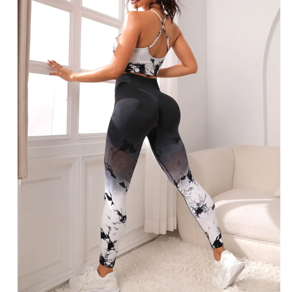 欧美夏季镂空渐变扎染训练无缝运动印花高腰蜜桃提臀性感健身套装