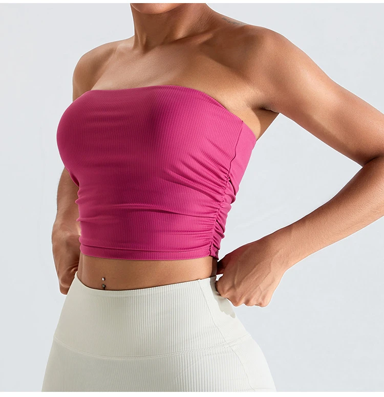欧美新款螺纹裹胸运动内衣女修身抹胸上衣侧面褶皱健身服瑜伽背心