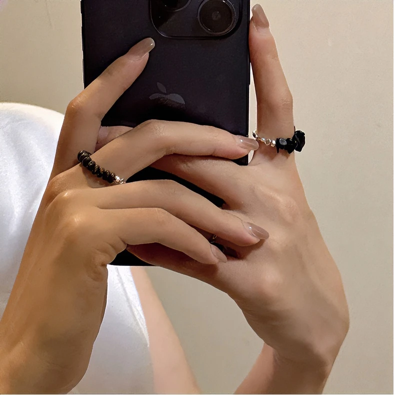 925银戒指 铂代新款【滴水石系列戒指】美拉德咖啡棕黑咖弹力线戒指