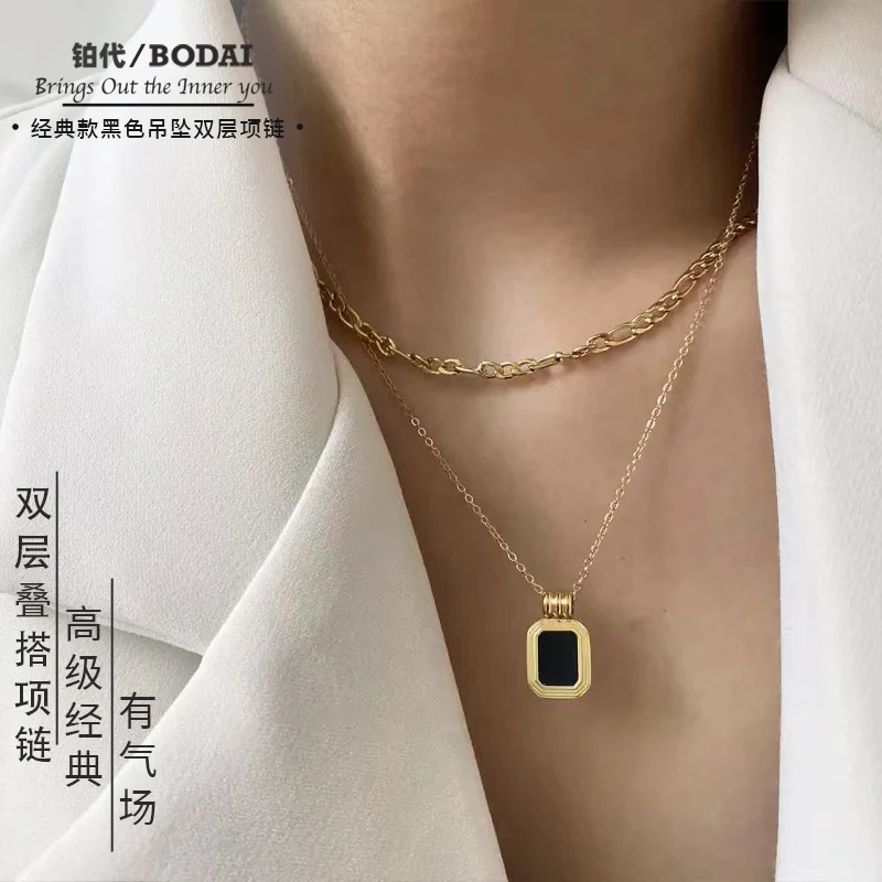 钛钢项链 经典款高级黑色吊坠双层叠搭链干练气质有气场小众轻奢