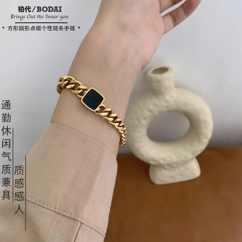 BODAI/铂代 钛钢手链 经典款黑方形圆形设计链条手链小众个性
