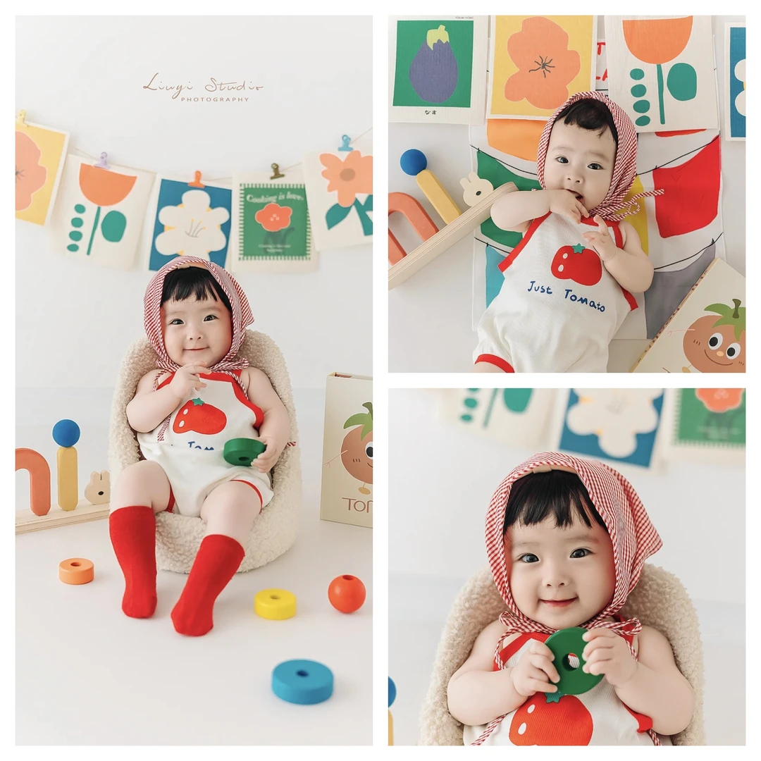 儿童摄影服装番茄主题多巴胺风格宝宝百天照周岁照拍照服装道具
