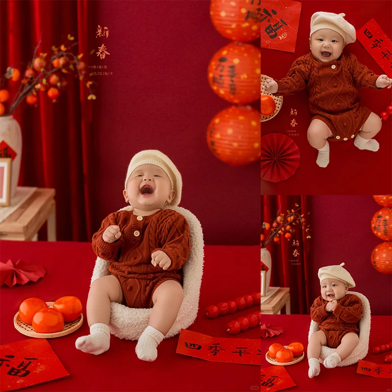 新年百天照摄影道具衣服周岁照满月照婴儿宝宝100天儿童拍摄服装