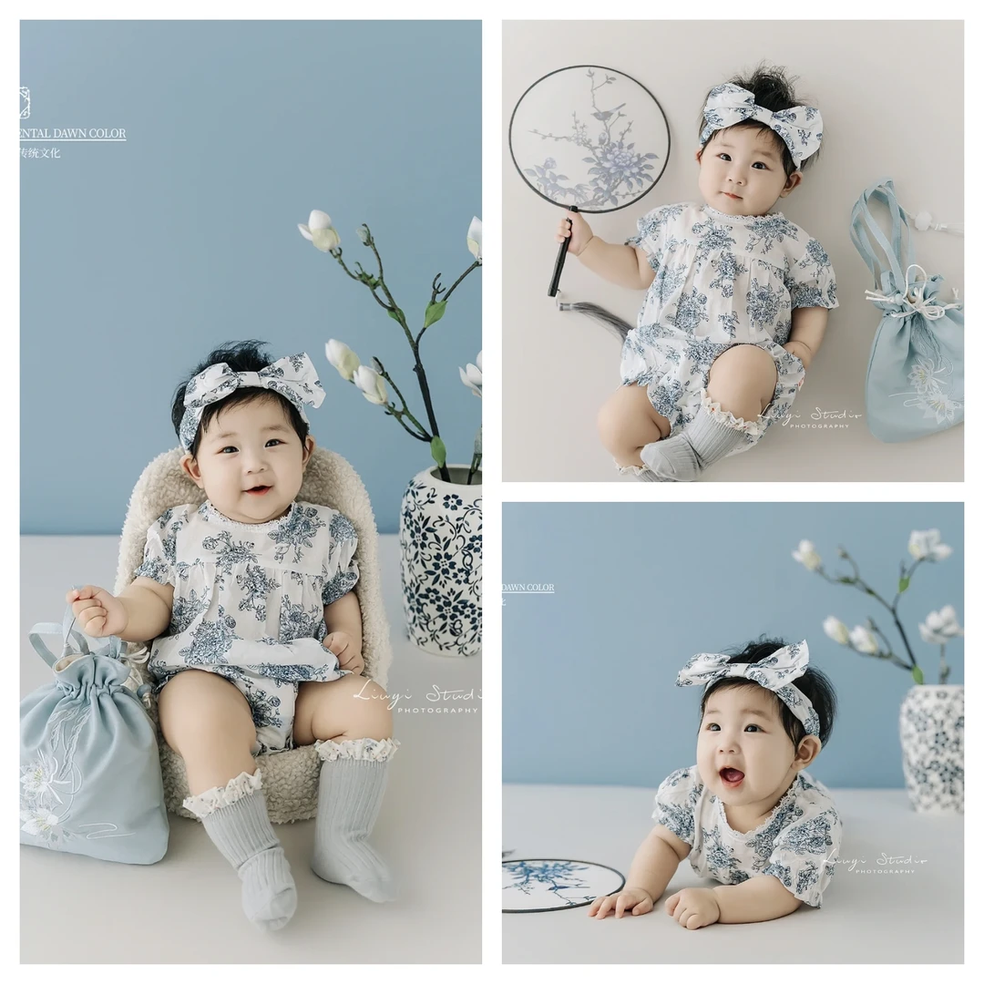 百天照摄影道具衣服青花瓷主题婴儿宝贝百日照100天满月拍照服装