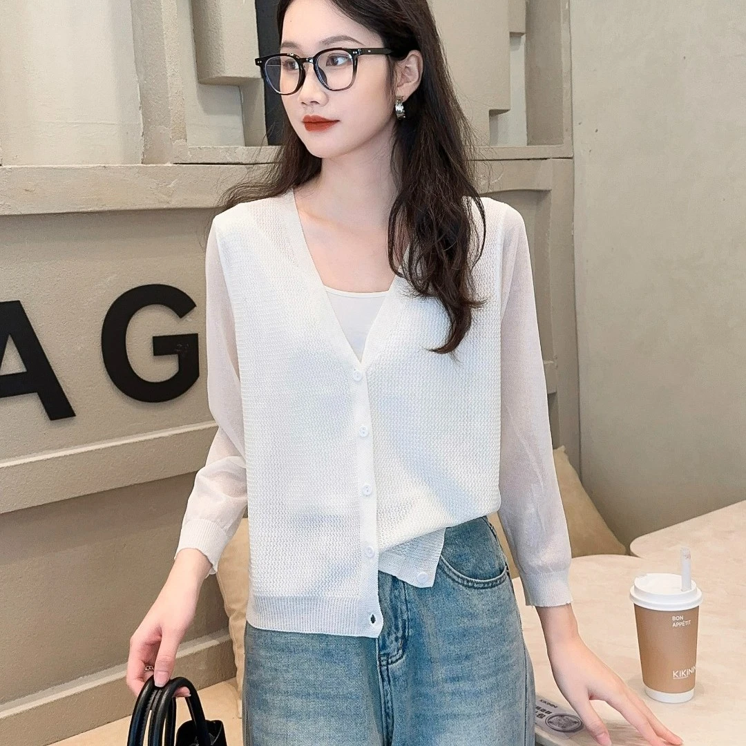 大码女装夏季针织女装防晒空调休闲简约百搭宽松透气长袖外搭开衫