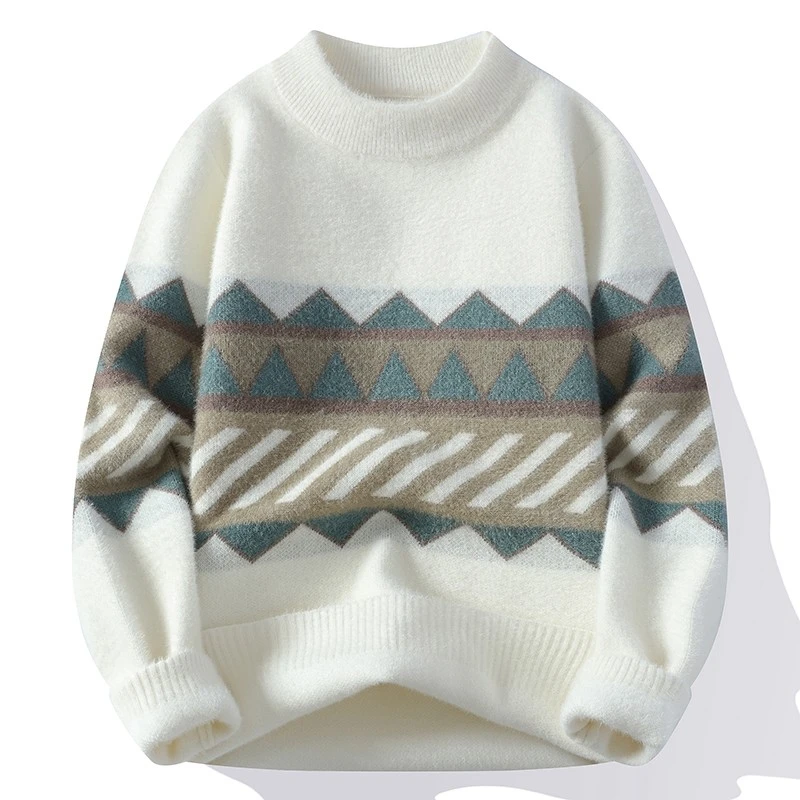 【新品】男士半高领秋冬季青少年针织衫潮男字母提花毛衣保暖9012