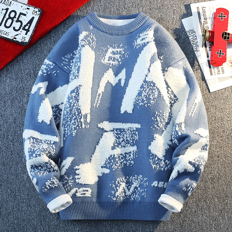 2024秋冬季新款品质超厚实字母时尚毛衣男士宽松潮流针织衫M6696