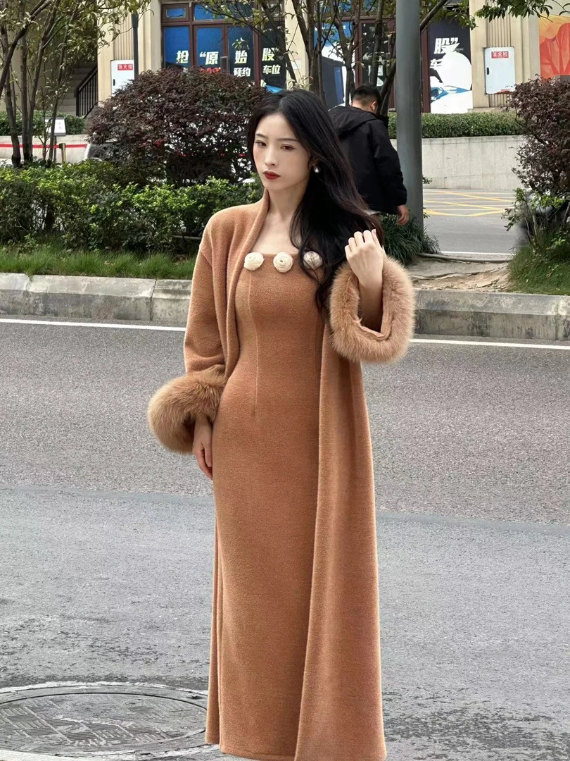 叁屿定制 国风气质温柔驼色系雪尼尔毛毛袖口长款宽松外套