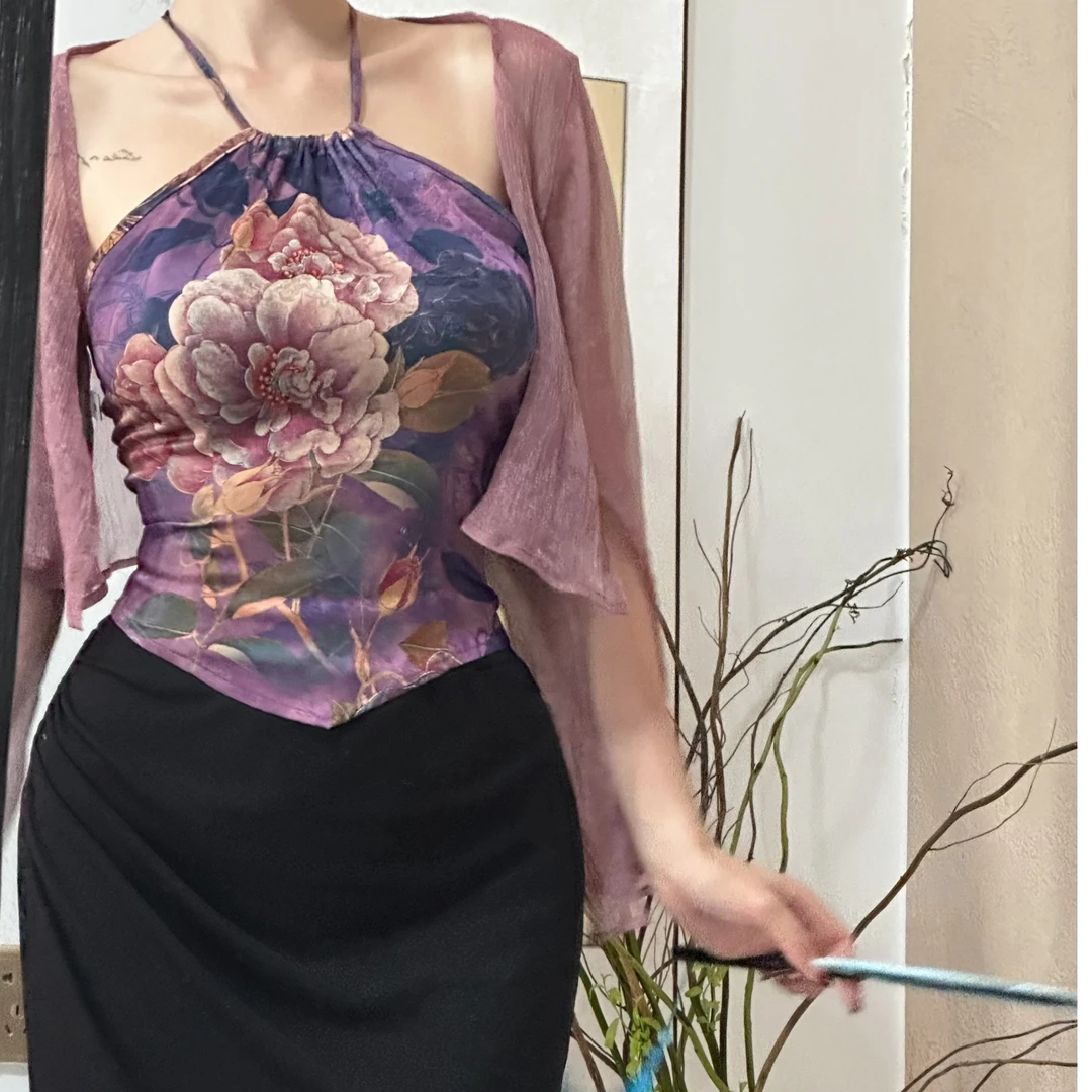 叁屿定制 紫妖姬~复古新中式渐变花色肚兜弹力半裙开衫套装三件套