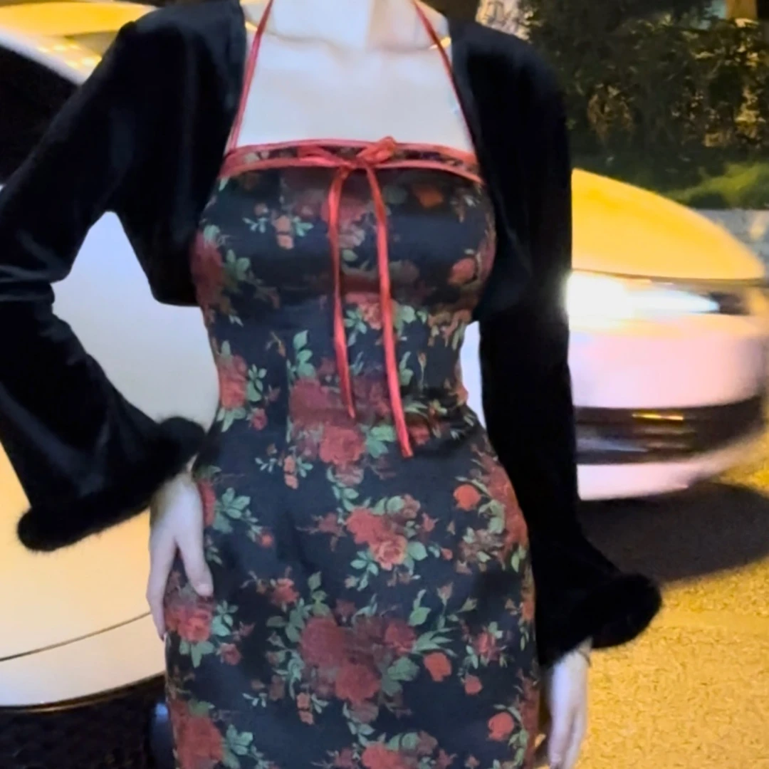 叁屿定制 新中式国风百搭黑色丝绒毛毛袖口小外套坎肩外套秋冬