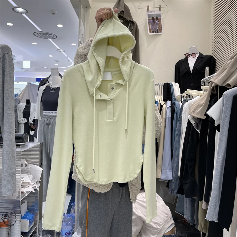 早秋韩系长袖正肩连帽T恤女短款内搭打底衫设计感小众休闲上衣ins