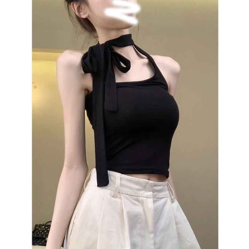 美式辣妹黑色短款挂脖设计感上衣女性感修身显瘦夏纯欲露肩背心女