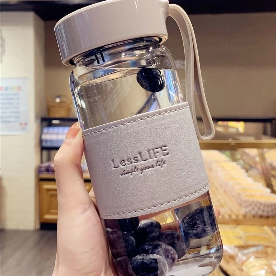 韩式清新耐热玻璃水杯便携商务简约带茶隔女士带提绳泡茶花茶杯子