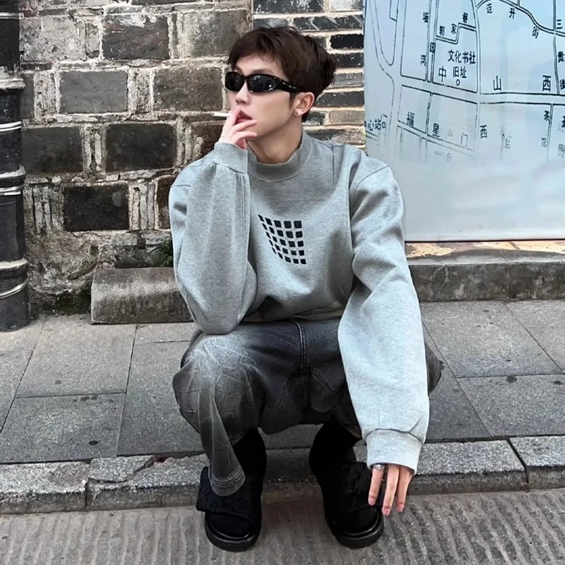 灰色方块刺绣重磅垫肩卫衣男秋冬高级美式潮牌oversize半高领外套