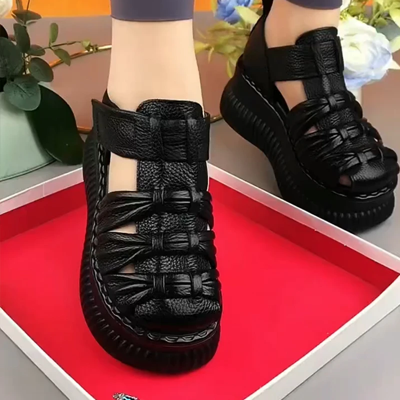 真皮罗马凉鞋女牛皮夏季新款圆头厚底松糕底女鞋透气百搭猪笼鞋子