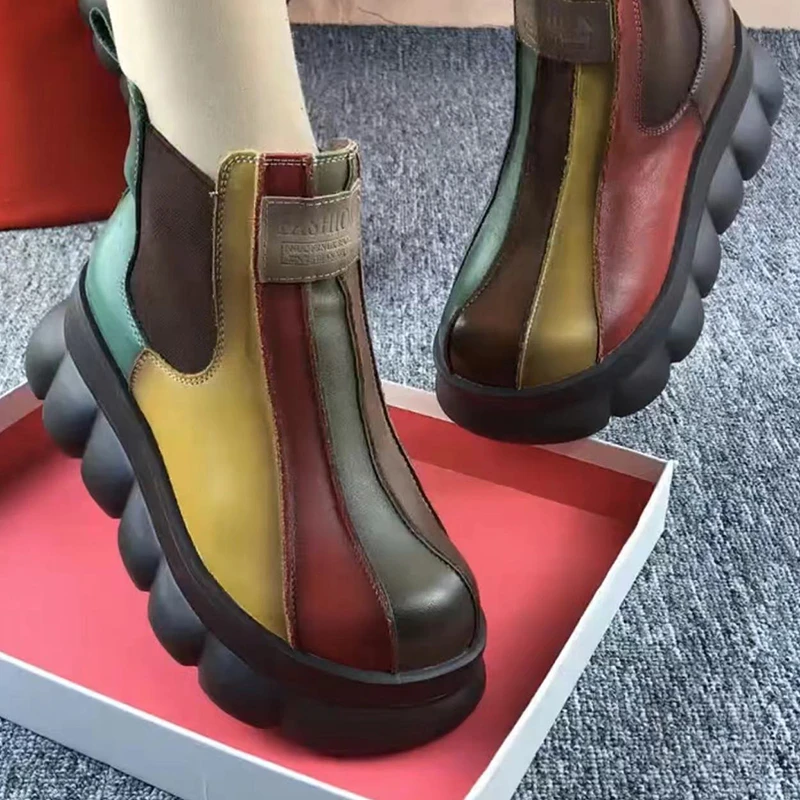 牛皮马丁靴女秋冬季新款真皮厚底加绒短靴拼色短靴女靴百搭休闲鞋