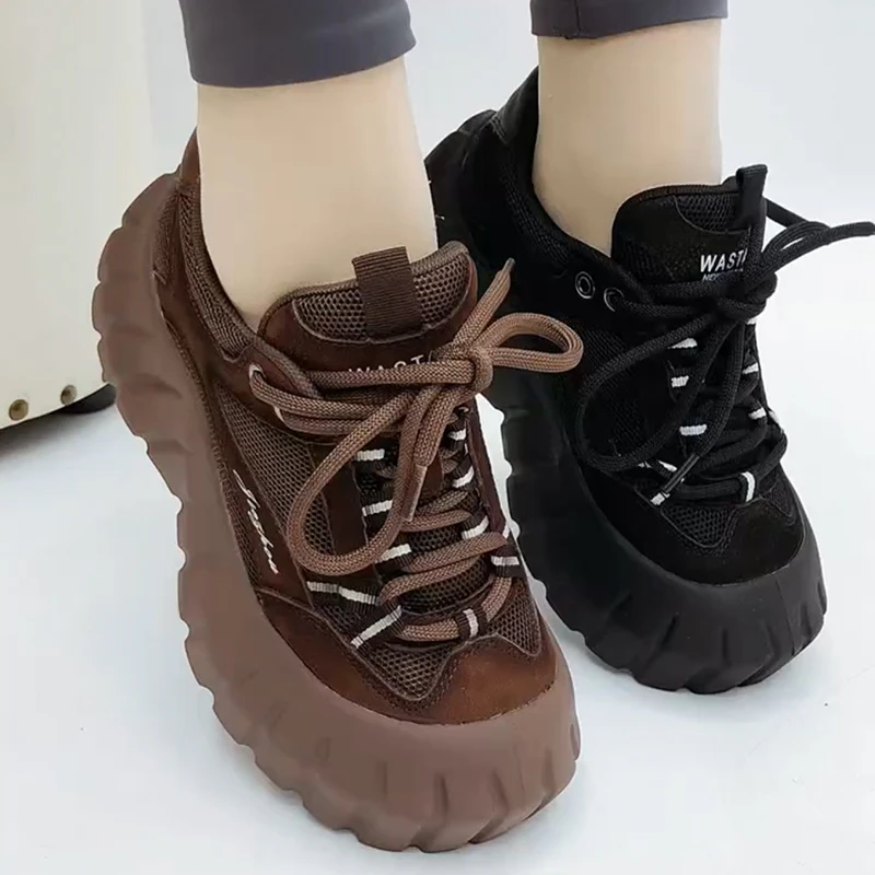 真皮运动鞋女秋冬季新款牛皮圆头厚底松糕底女鞋双网面皮面休闲鞋