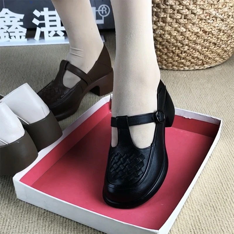 真皮女鞋春夏季新款牛皮圆头粗跟中低跟单鞋透气软底浅口小皮鞋子