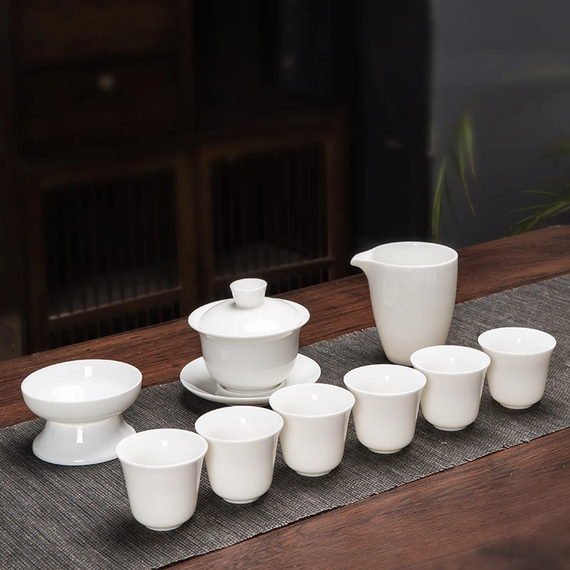 【徽唐】10件羊脂玉瓷茶具套装 纯白 高档白瓷家用盖碗茶杯套装