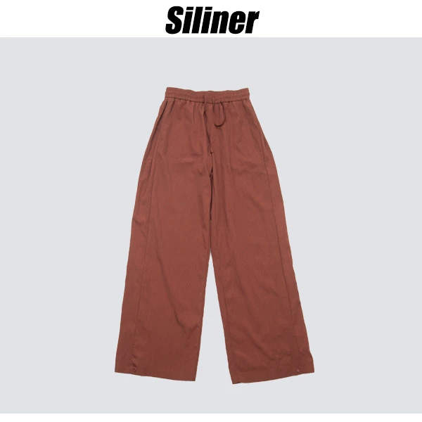 Siliner夏季高腰宽松显瘦垂感褶皱纯色松紧腰阔腿休闲裤TX5781