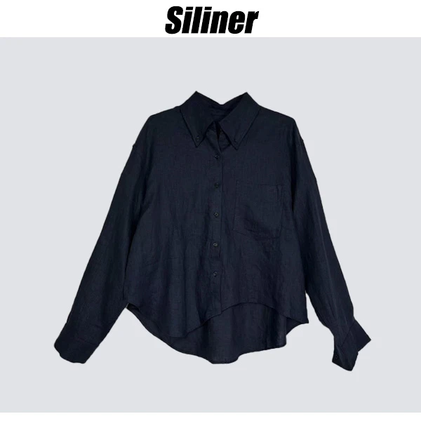 Siliner夏季宽松设计感休闲简约麻料防晒纯色衬衫两穿衬衫TS80788