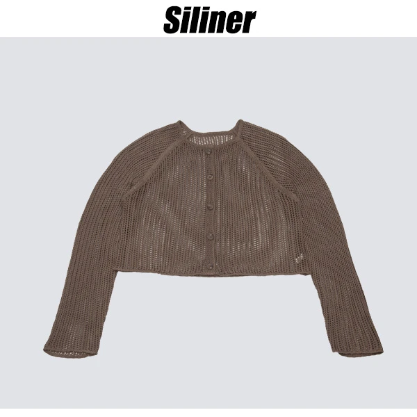 Siliner小众简约风镂空纯色百搭圆领长袖短款针织开衫外套TS295