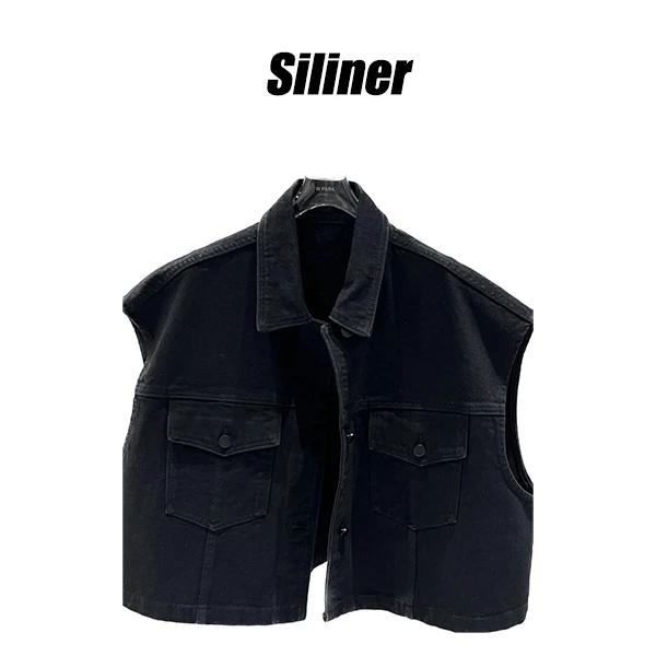 Siliner秋季新款韩版时尚个性多口袋百搭短款牛仔马甲