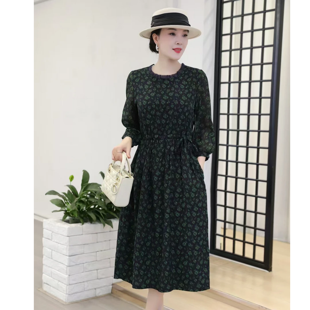 【蓝底 绿玫瑰】新款早秋花边领时尚气质优雅百搭长袖连衣裙