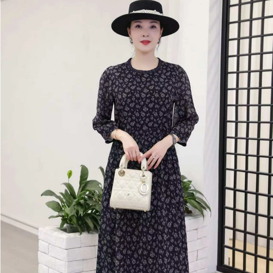 新款木耳领碎花印花春夏秋季百搭夏季女装中长款连衣裙