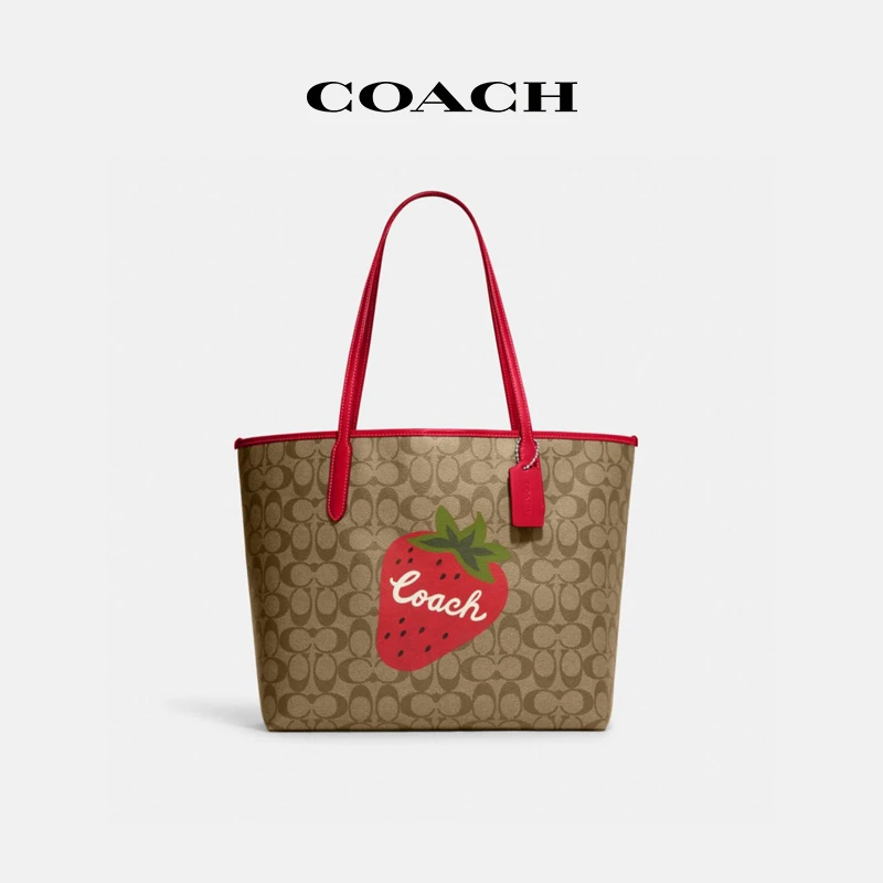 【奕心奕意】COACH/蔻驰 女士经典野草莓图案CITY托特包单肩包