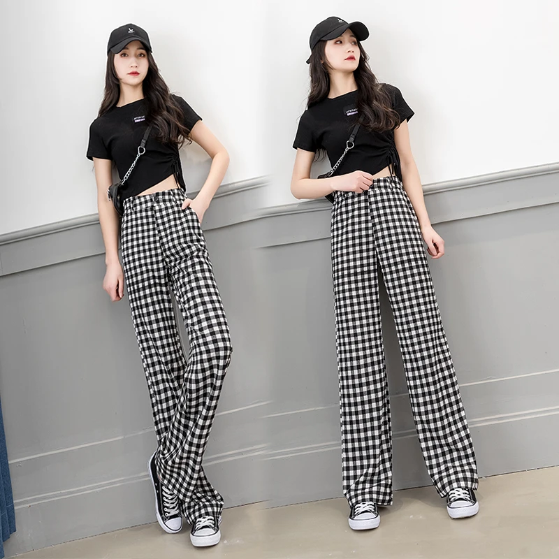 阔腿裤女黑白格子小个子洋气棋盘格长裤高腰宽松垂感格纹窄版直筒