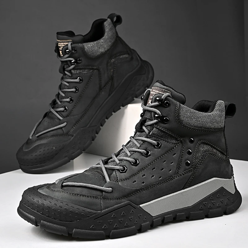 徒步鞋马丁靴男士秋冬新款加绒保暖高帮男鞋户外防滑软底百搭短靴