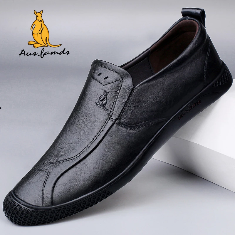 AUSFAMDS/澳洲名袋鼠男士休闲皮鞋真皮软底防滑一脚蹬中年爸爸鞋