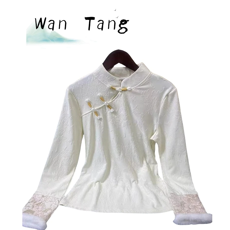 【禾蔓】新中式国风加绒潮流气质百搭蕾丝打底衫中国风长袖绣花时尚