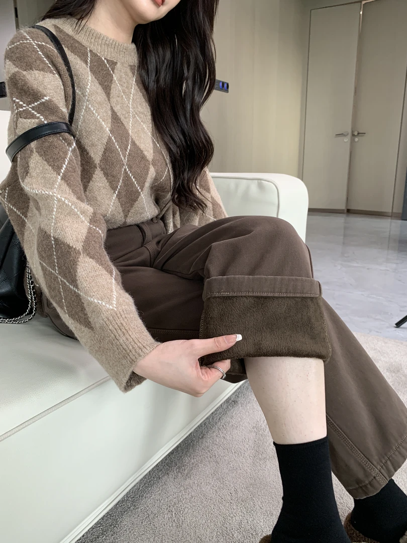 秋冬季100棉板栗棕色小个子高腰显瘦牛仔阔腿裤子