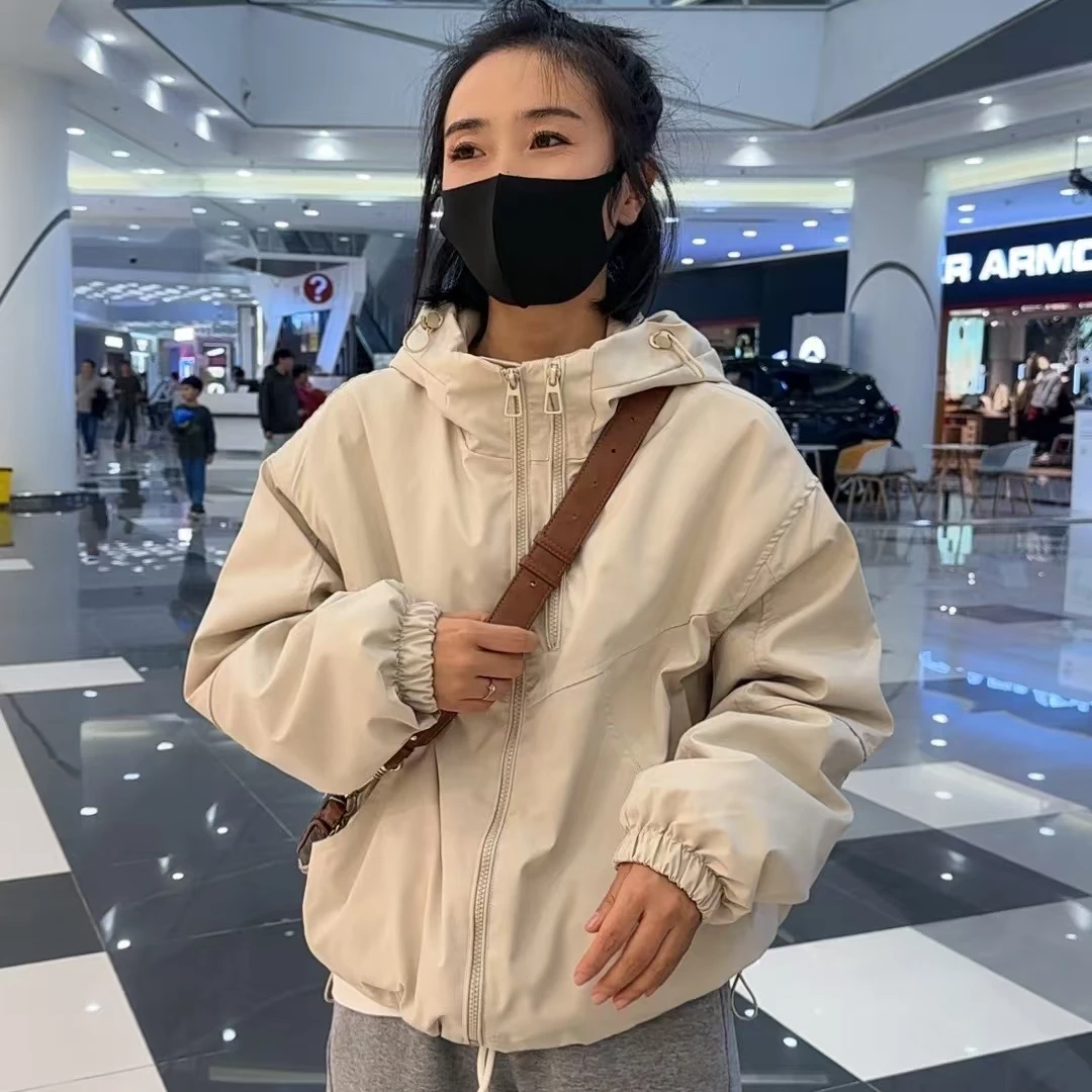 欧货休闲双拉链连帽夹棉冲锋衣女2024秋冬新款百搭长袖夹克外套女
