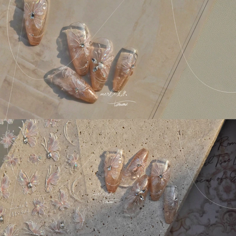 浮雕贝壳蝴蝶晶钻美甲贴纸复古指甲贴流光溢彩极光琉璃蔷薇高级感