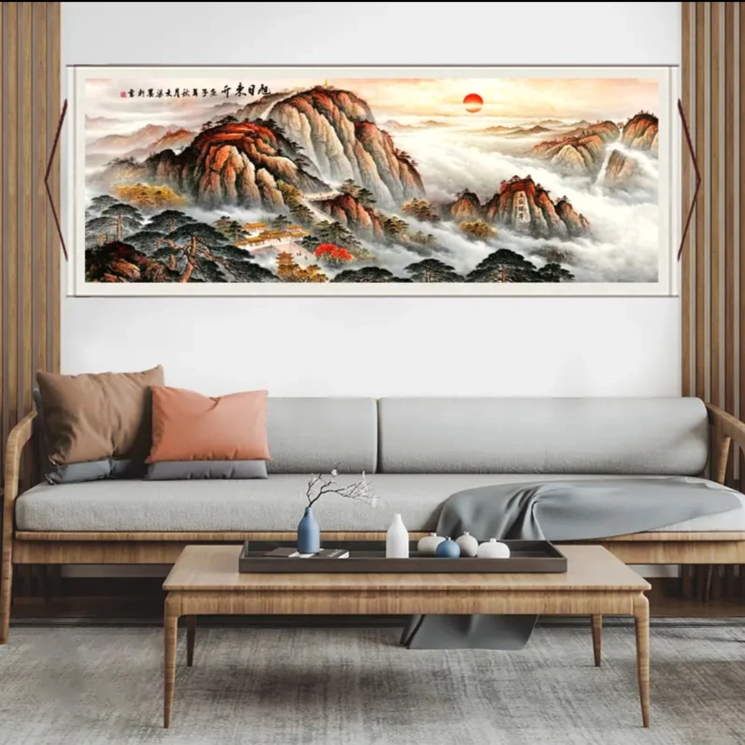 3.2*1.0 金 旭日东升  办公室 宣纸  高清数字微喷 精品软装挂画