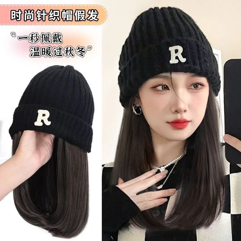 冬天连帽假发新款秋冬季全头套真发一体时尚锁骨发爆款针织帽